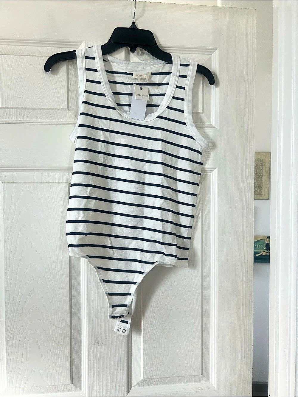 Ultra Flirt Striped Tank Bodysuit in White & Blue